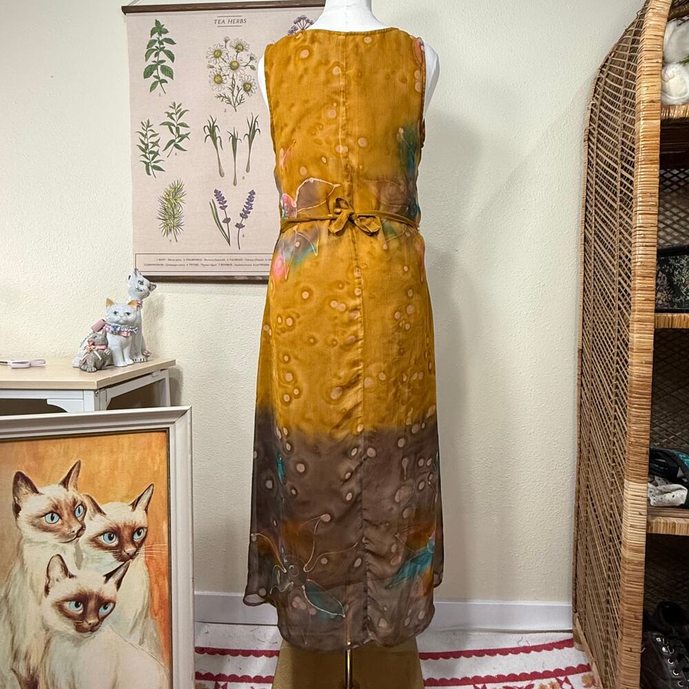 Vintage 80s 90s Tie Back Watercolor Midi Dress Fairy Grunge Boho Hippie Whimsy L - Picture 2 of 11